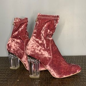 Pink crushed velvet ankle boots